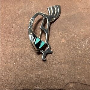 Vintage Silver Kokopelli Brooch with Turquoise and Black Inlay